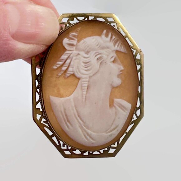 Cameo Brooch, Vintage, Carved Shell, Goddess Demeter, Victorian, Gold, Antique - Picture 2 of 7